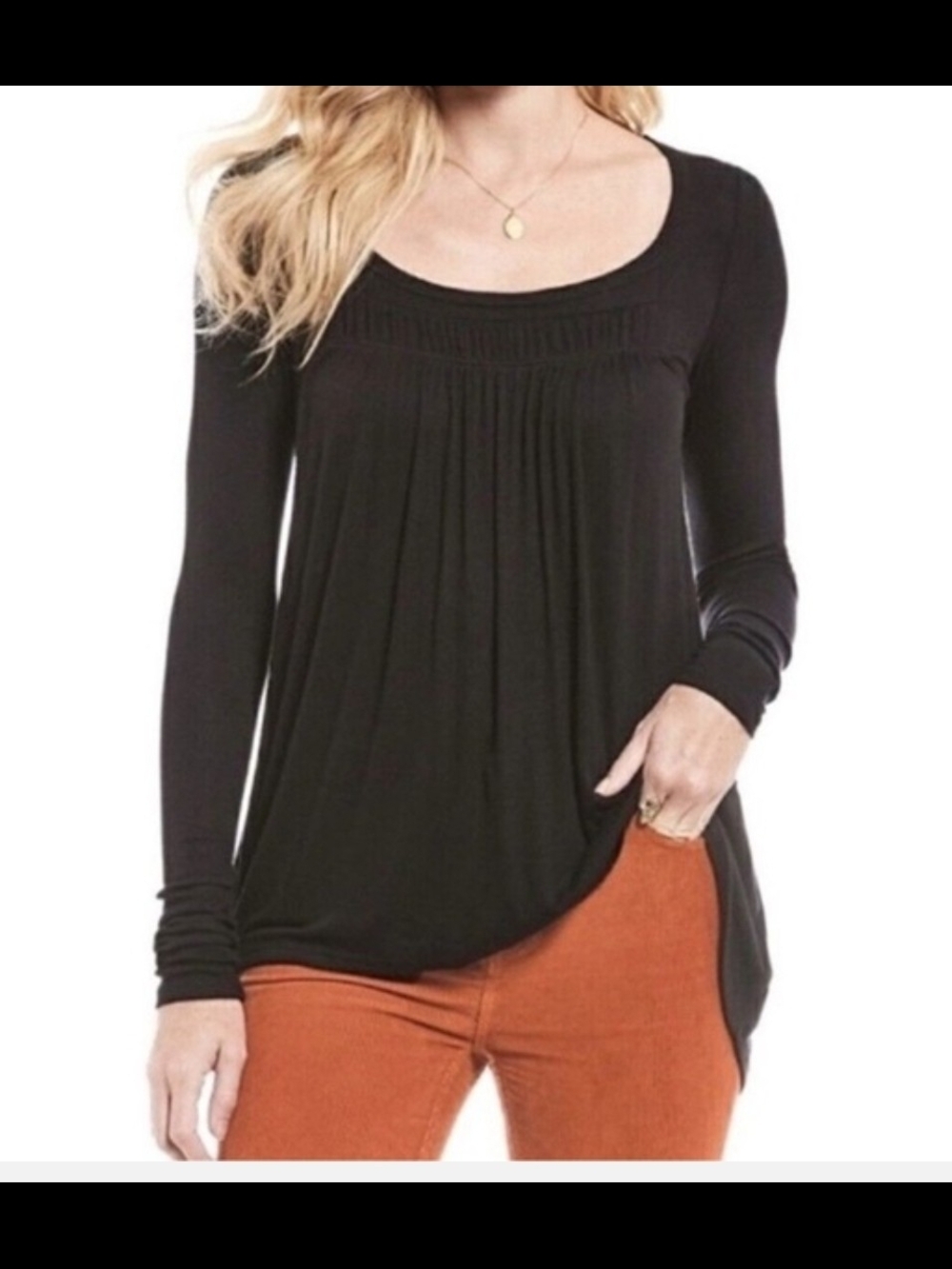 We The Free Black Long-Sleeve Pleated Scoop Neck Top Oversized